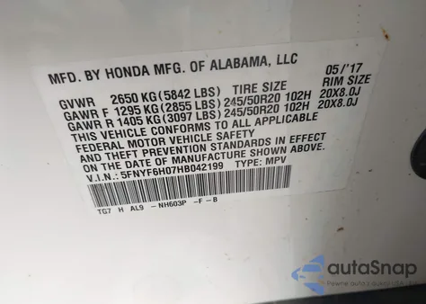 2017 Honda Pilot Elite z USA, uszkodzony, nr VIN 5FNYF6H07HB042199